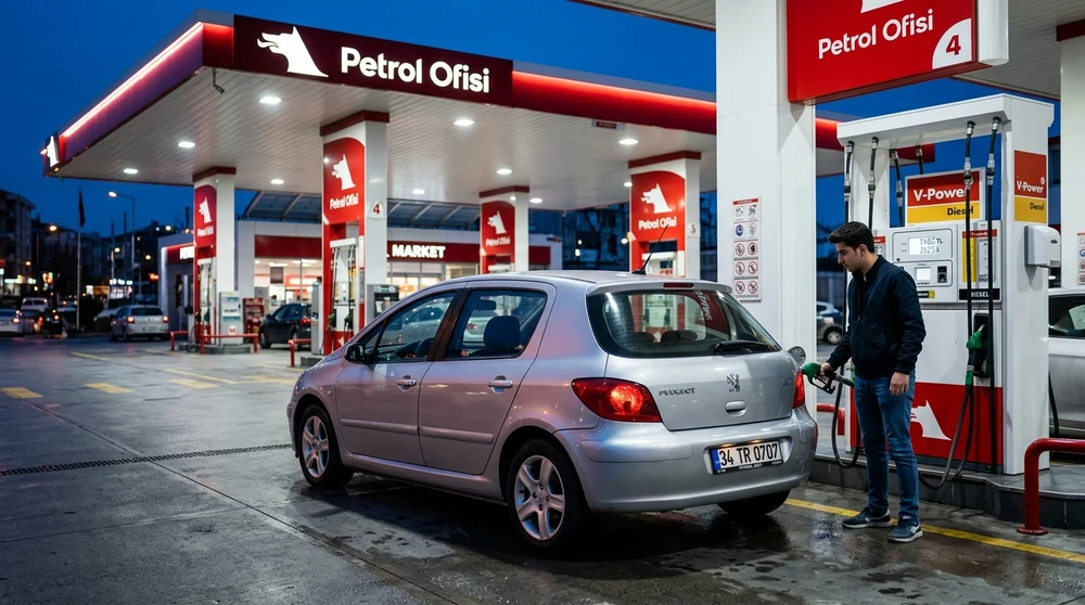 Peugeot 307 Akaryakıt İstasyonunda Yakıt Dolumu